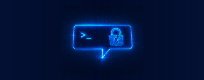 Neon blue speech bubble with a terminal prompt and padlock icon on a dark background.