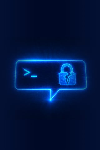 Neon blue speech bubble with a terminal prompt and padlock icon on a dark background.