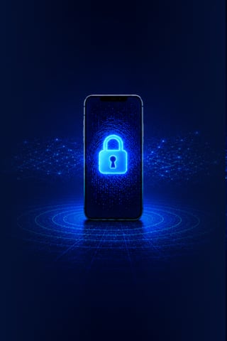 Smartphone with glowing blue lock icon surrounded by digital network effects on a dark background.