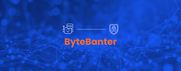 ByteBanter logo with chat and security icons connected over a blue digital network background.