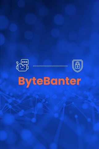 ByteBanter logo with chat and security icons connected over a blue digital network background.